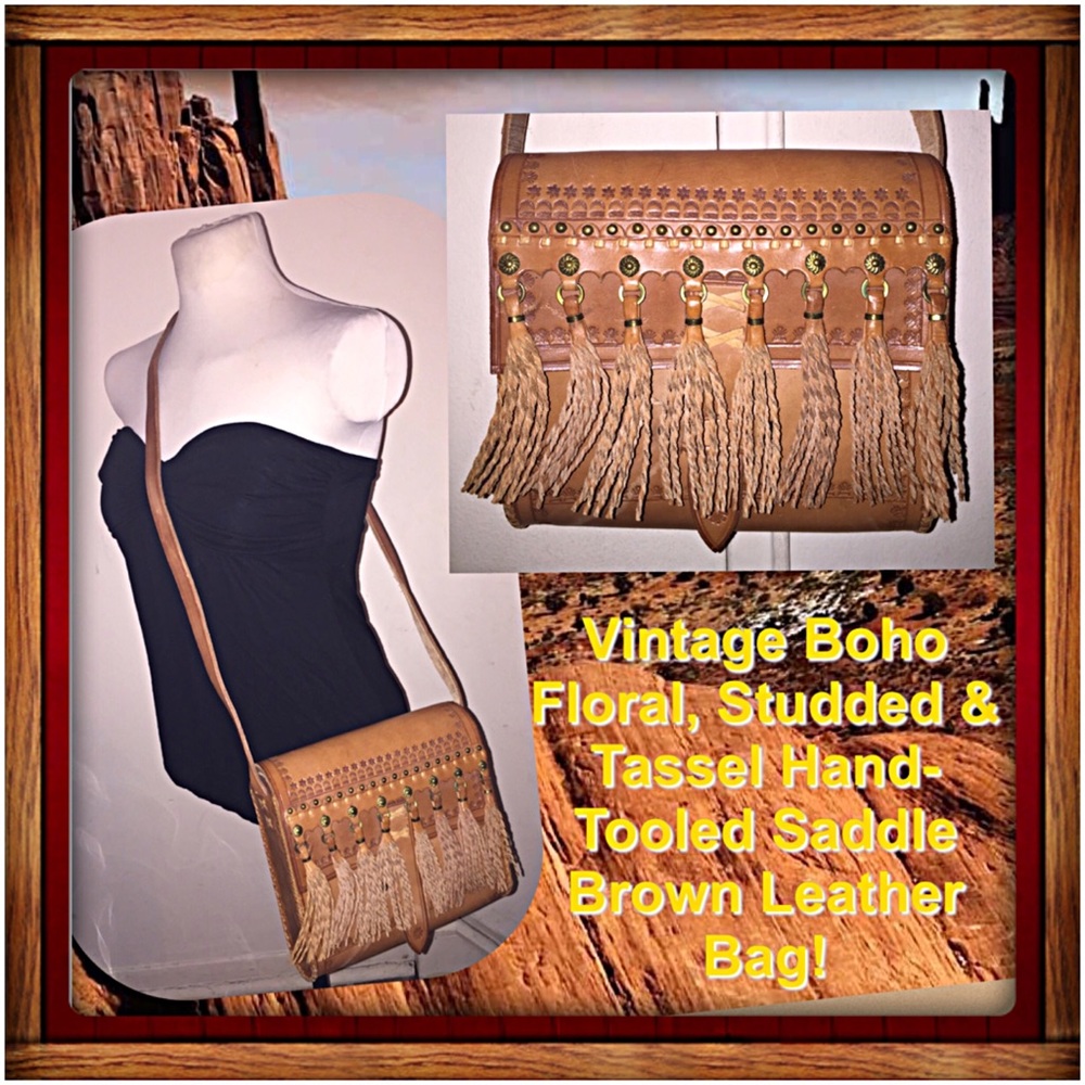 VTG Boho Floral, Studded Tassel Hand-Tooled Bag!